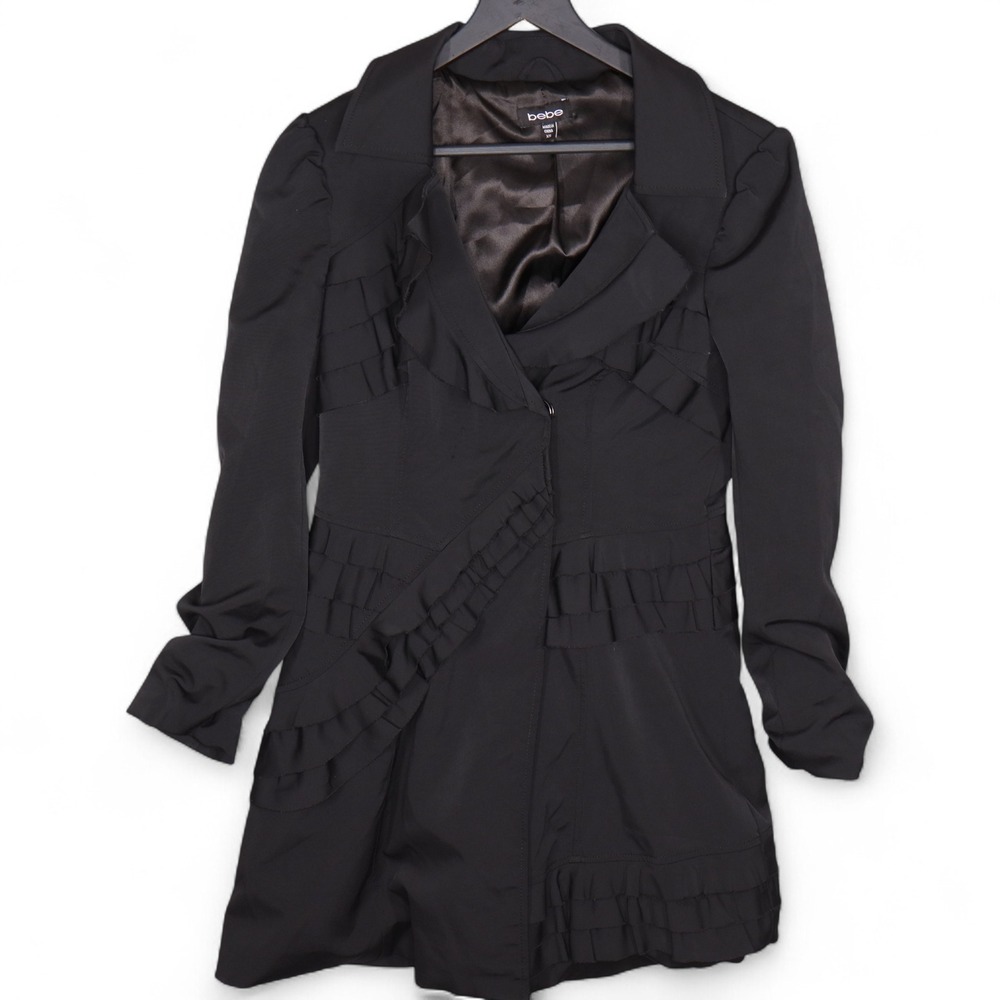 Bebe Ruffle Trim Jacket Blazer Black Fitted Career Party XS